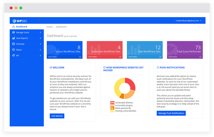 WPSec all-in-one dashboard showing WordPress site security status